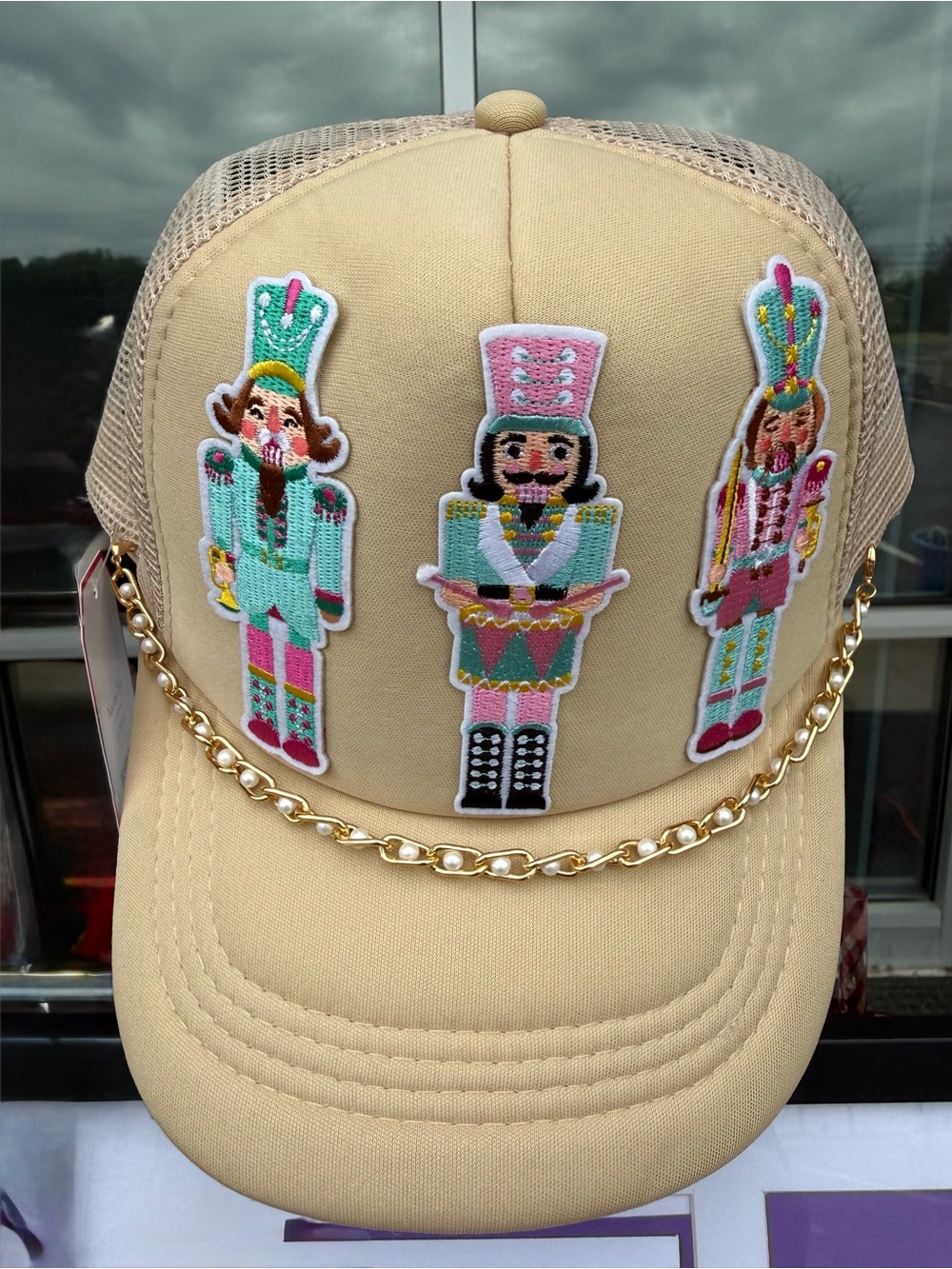 Beige Kids Trucker Hat with Nutcracker Patches and Gold Chain